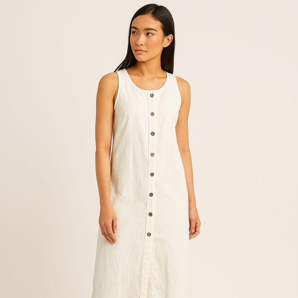 Zara Button-Down Dress Small‎ White Denim Sleeveless Round Neck Front Buttons